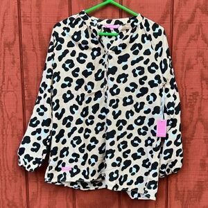 NWT Simply Southern Women's Peasant Blouse‎ Leopard Print Tan/Black Size Large